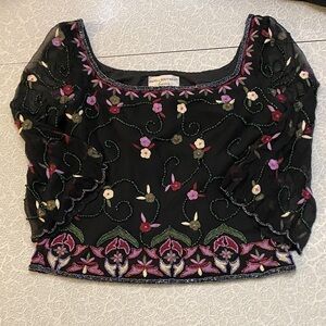 Papell Boutique Black Blouse with Pink and Green Floral Design